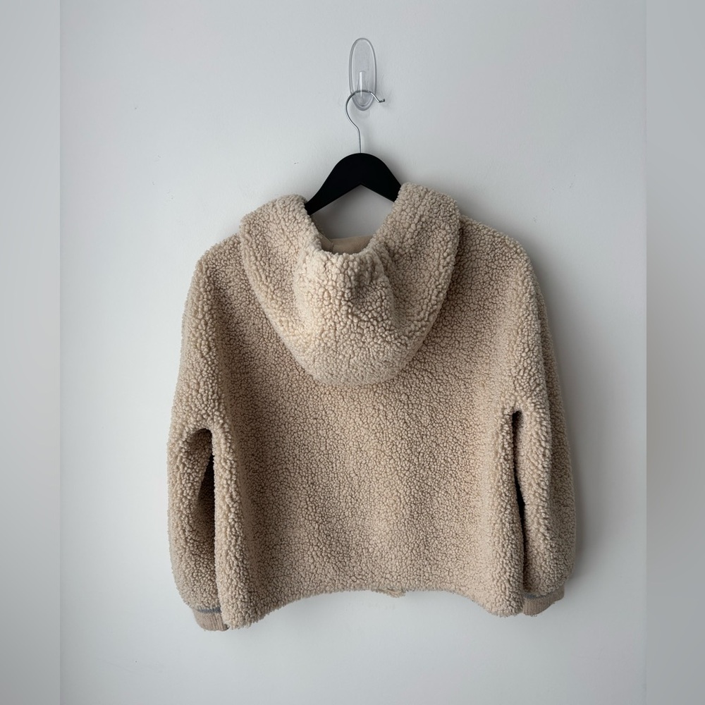 SEIFINI cropped Sherpa Teddy Jacket XS Beige Cozy Hooded Zip Snap Fleece Soft - Picture 7 of 13